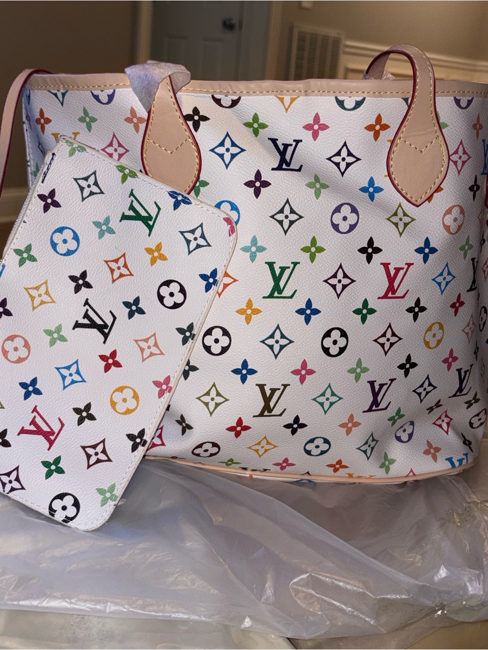 Louis Vuitton White Multicolor Monogram Tote with Pouch